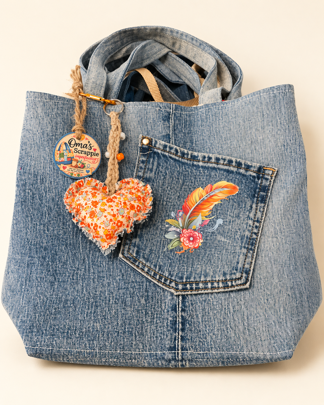 Detail of Oma’s denim bag with a feather pocket motif, fabric heart charm and handmade tag