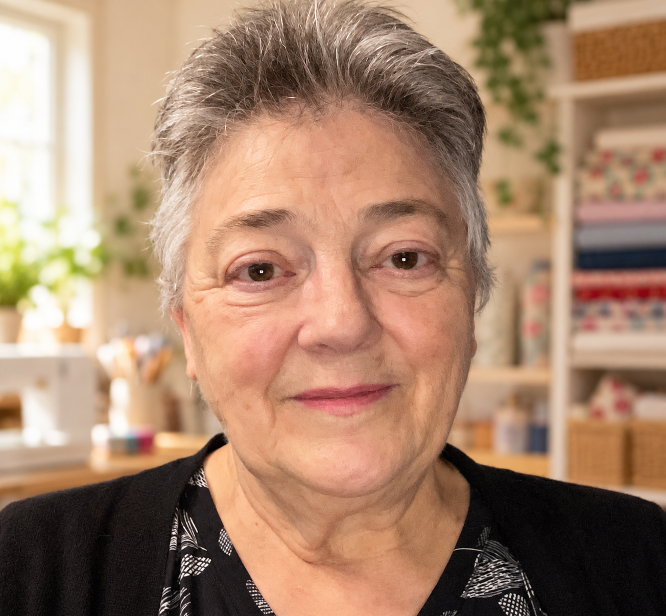 Oma smiling in a softly lit sewing room